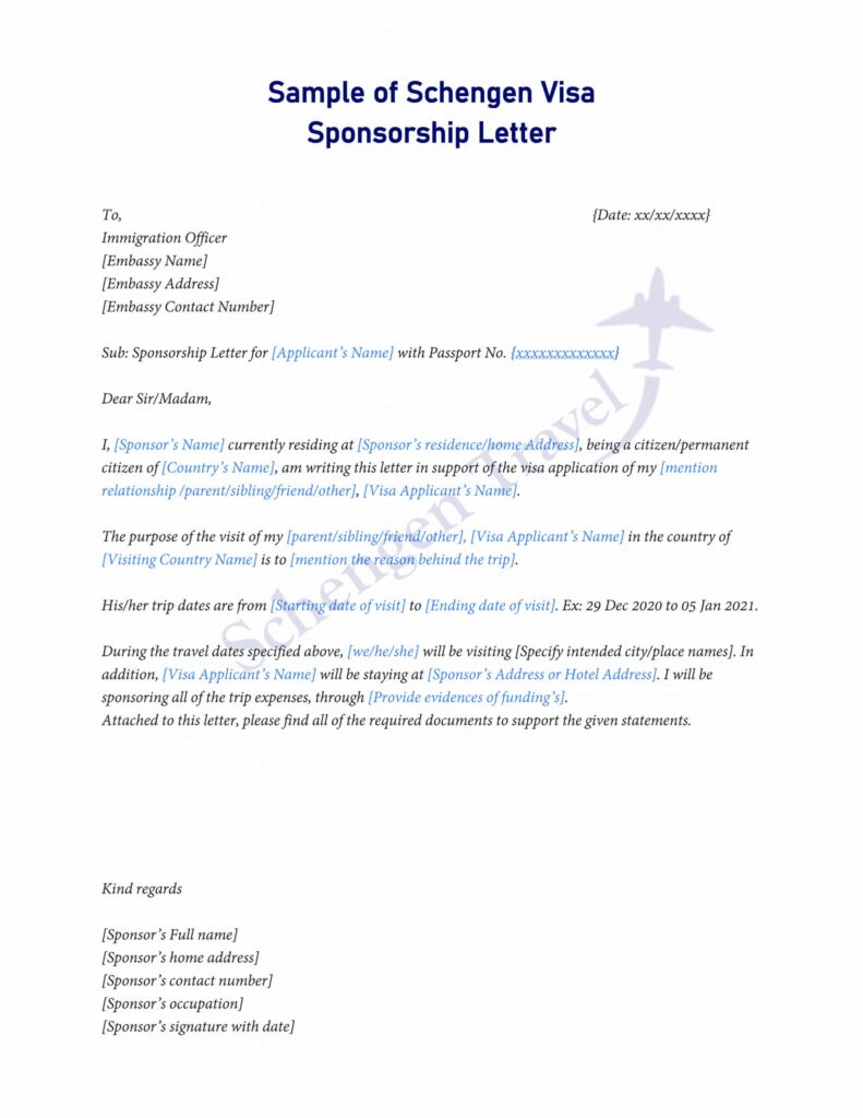 Free Schengen Visa sponsorship letter copy
