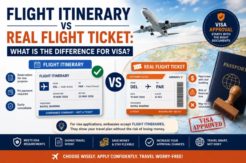 Flight itinerary vs real flight ticket difference for visa application 2026